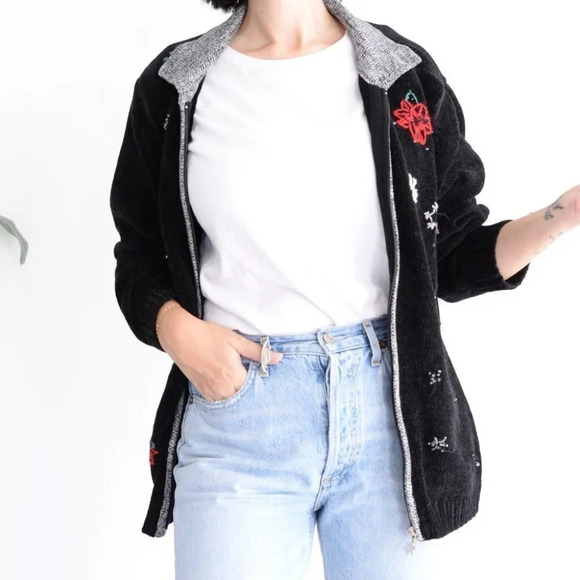 Vintage Allison Daley Black Zip Cardigan Holiday Snowflakes Festive Sweater L - Picture 3 of 16